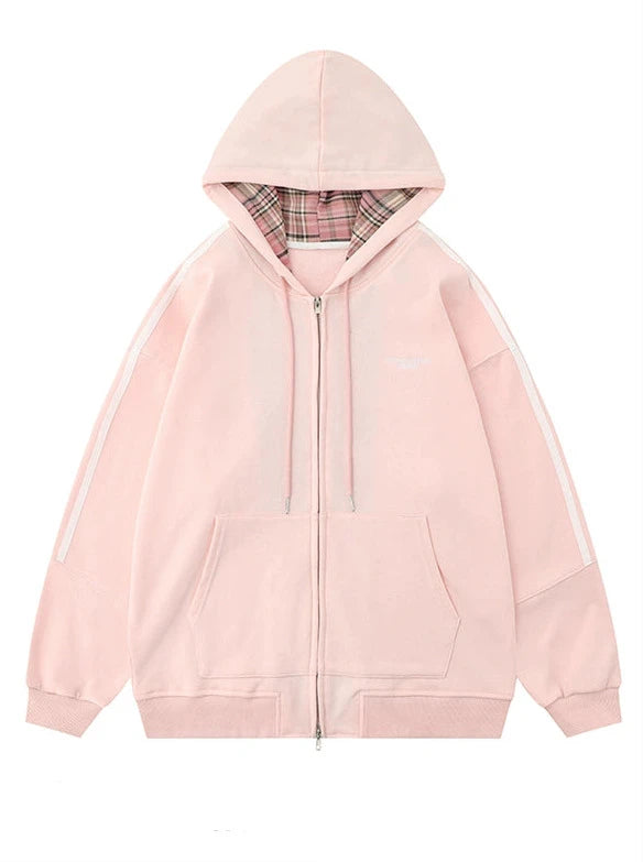 Plaid Hoodie Zip Sports Casual Sweat Jacket