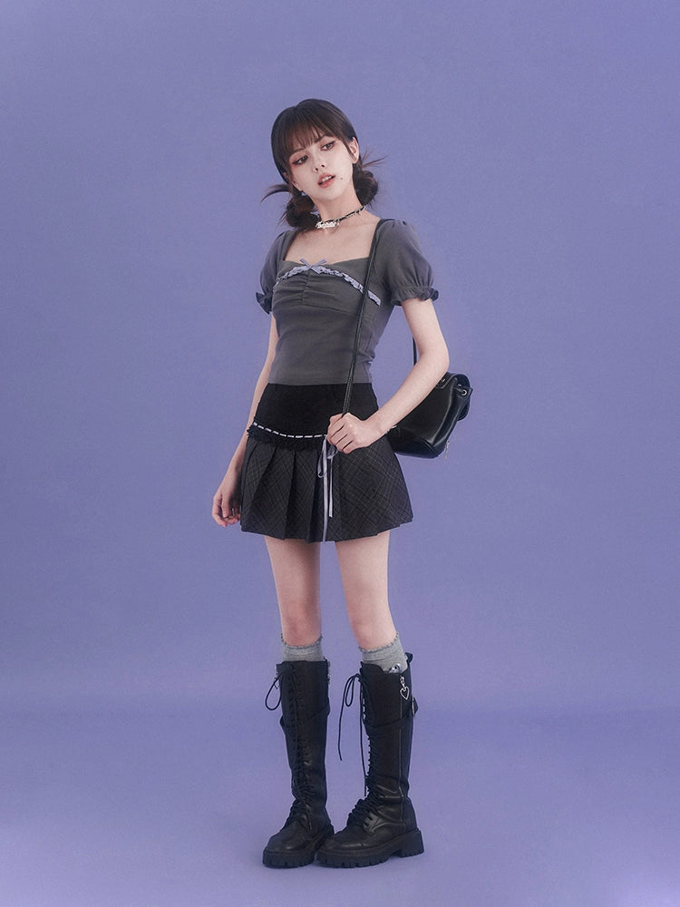 Grey Square Neck Lace Puff Sleeve Top