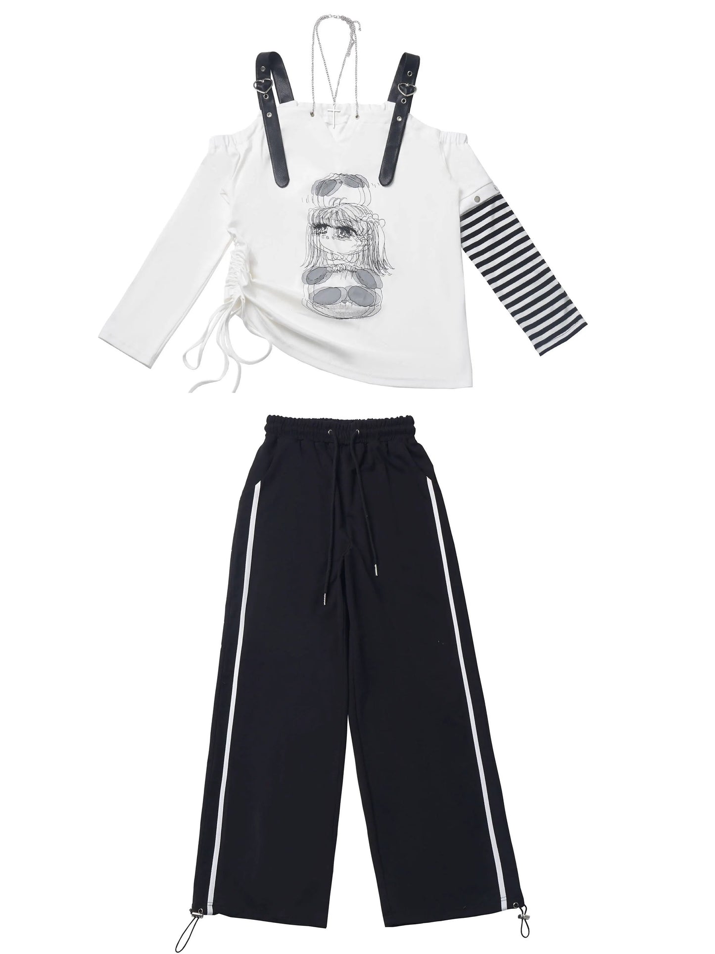 オフショルダーブラックアンドホワイトスーツセット