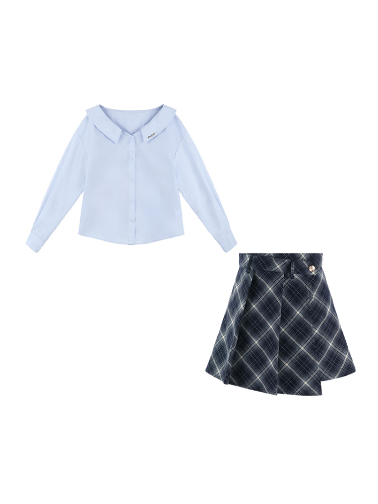 Blue neck French loose shirt set