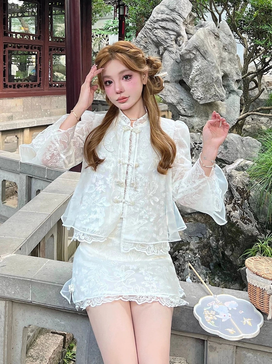 China Pearl Plate Button Tops + Lace Mini skirt