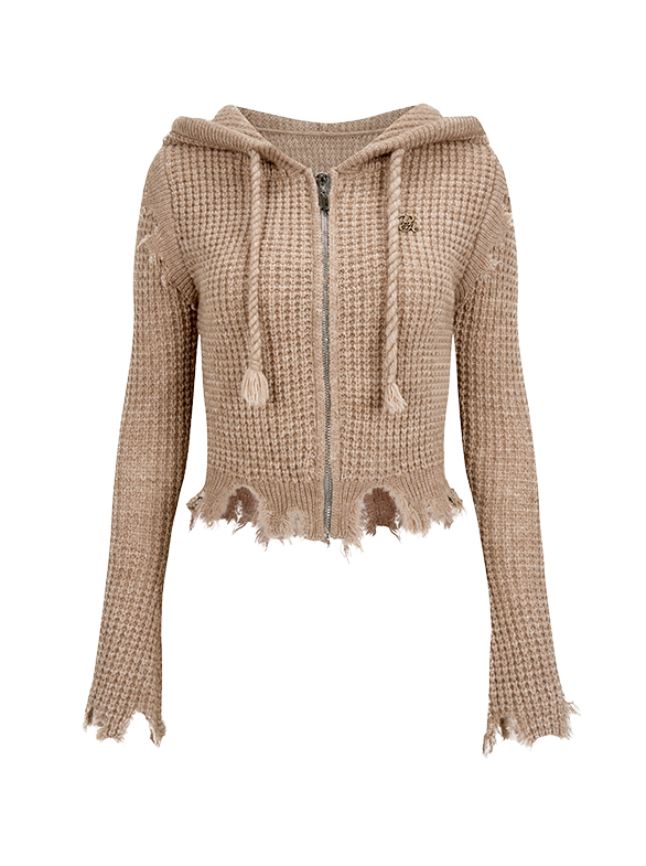 ワンポイントロゴダメージニットフードジップアップパーカー