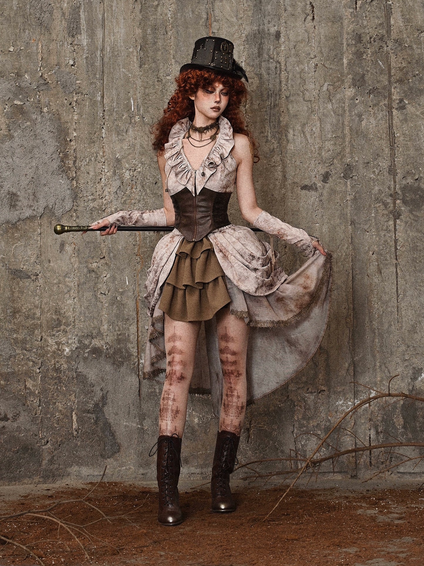 レトロスチームパンクハートフリルカラータイダイベストトップス