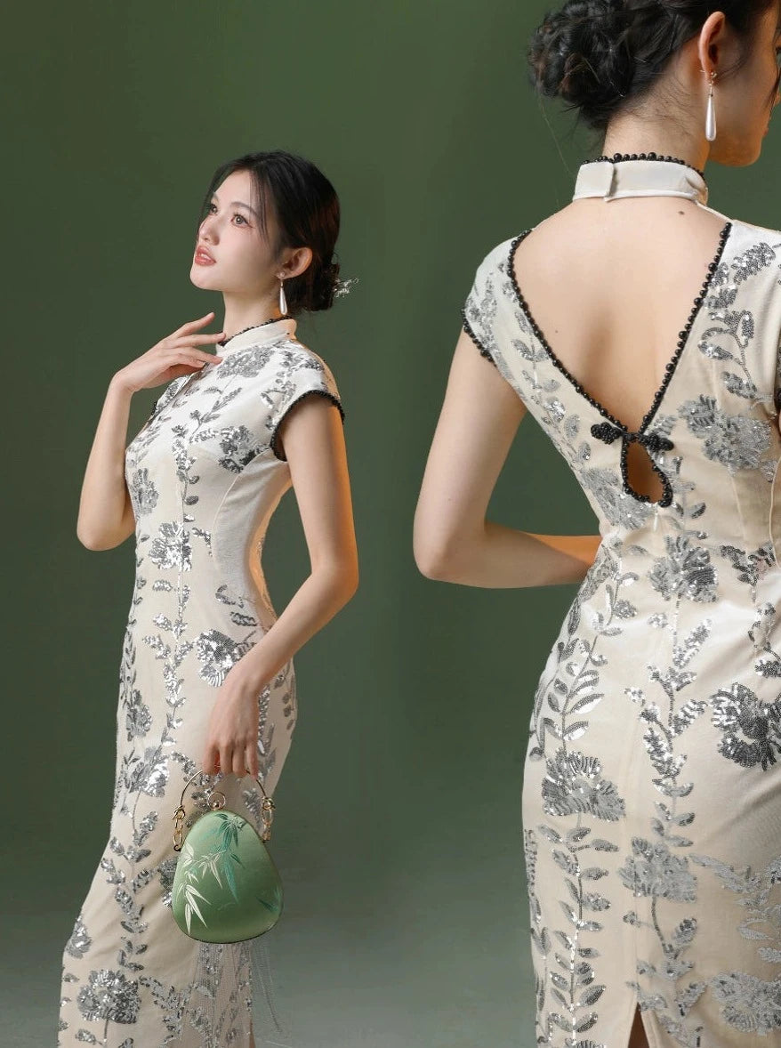 四斤自制飘逸轻盈原创新中式春夏高端气质亮片丝绒修身改良旗袍