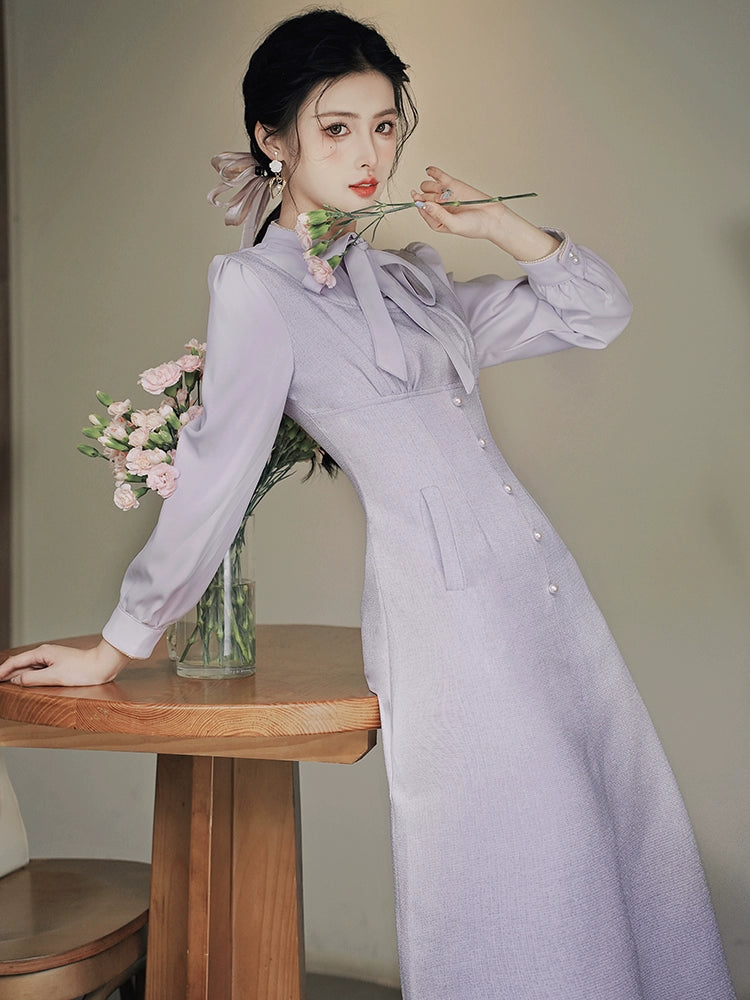 Retro Sheer Bow Purple Dress