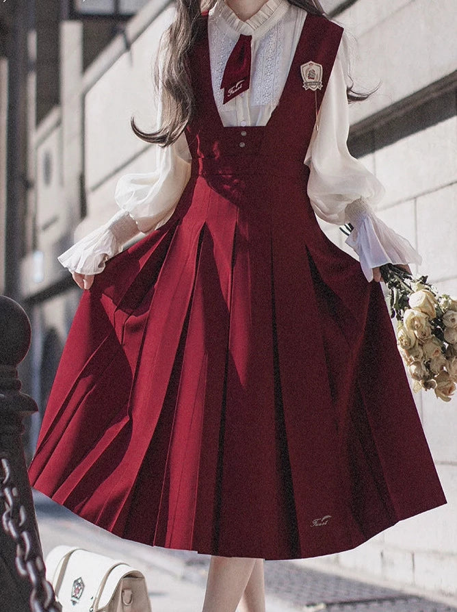 Retro College Elegant Lace Chiffon Shirt + Red Sundress + Red Necktie Belchic Retro College Elegant Lace Chiffon Shirt + Red Sundress + Red Necktie Belchic