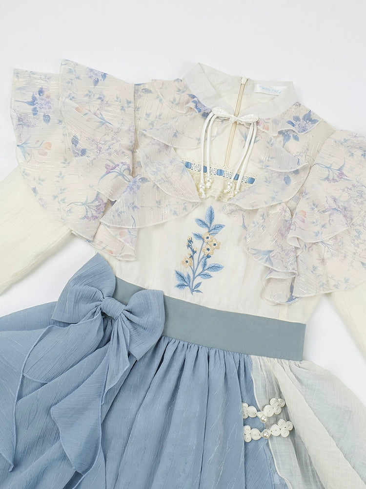 チャイナフェイクツーピースイレギュラーエンブロイダリードレス