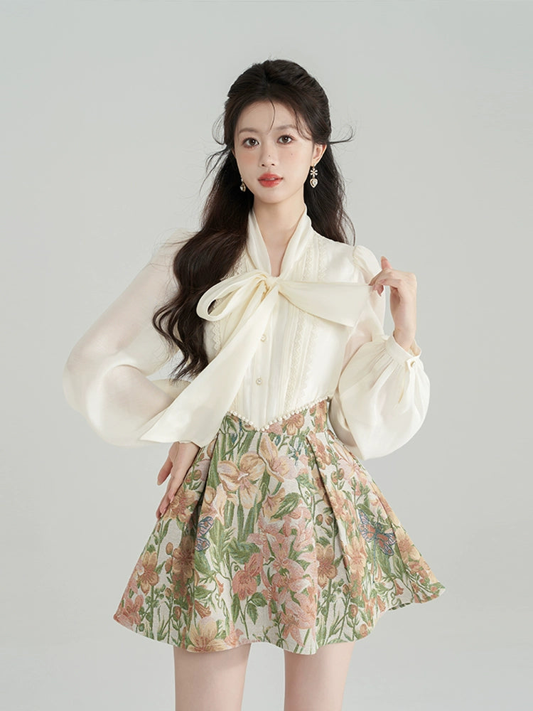 롱 리본 블라우스 + 플라워 자카드 서스펜더 스커트