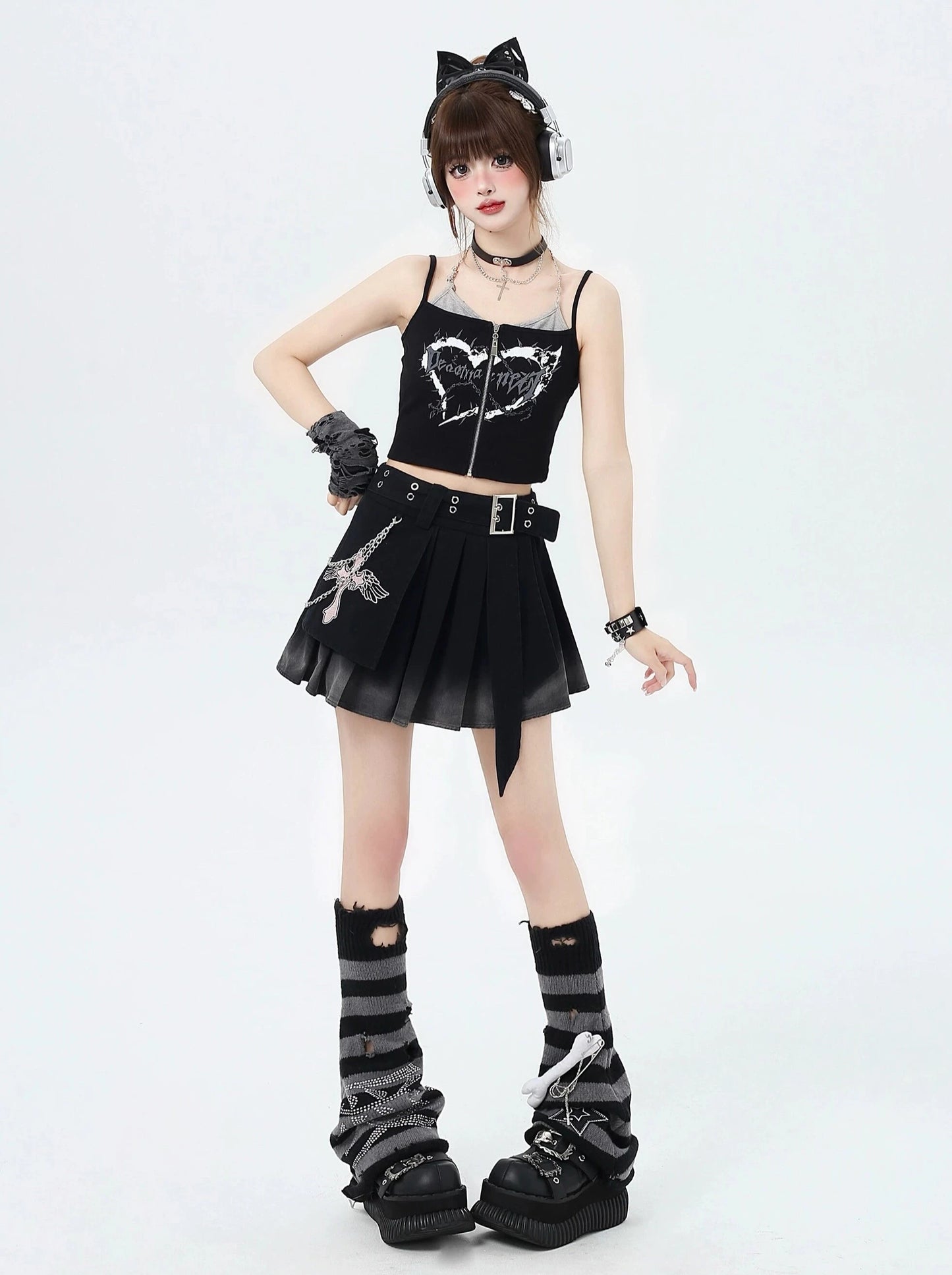 Bee Chain Punk Gradient Denim High Waist Skirt