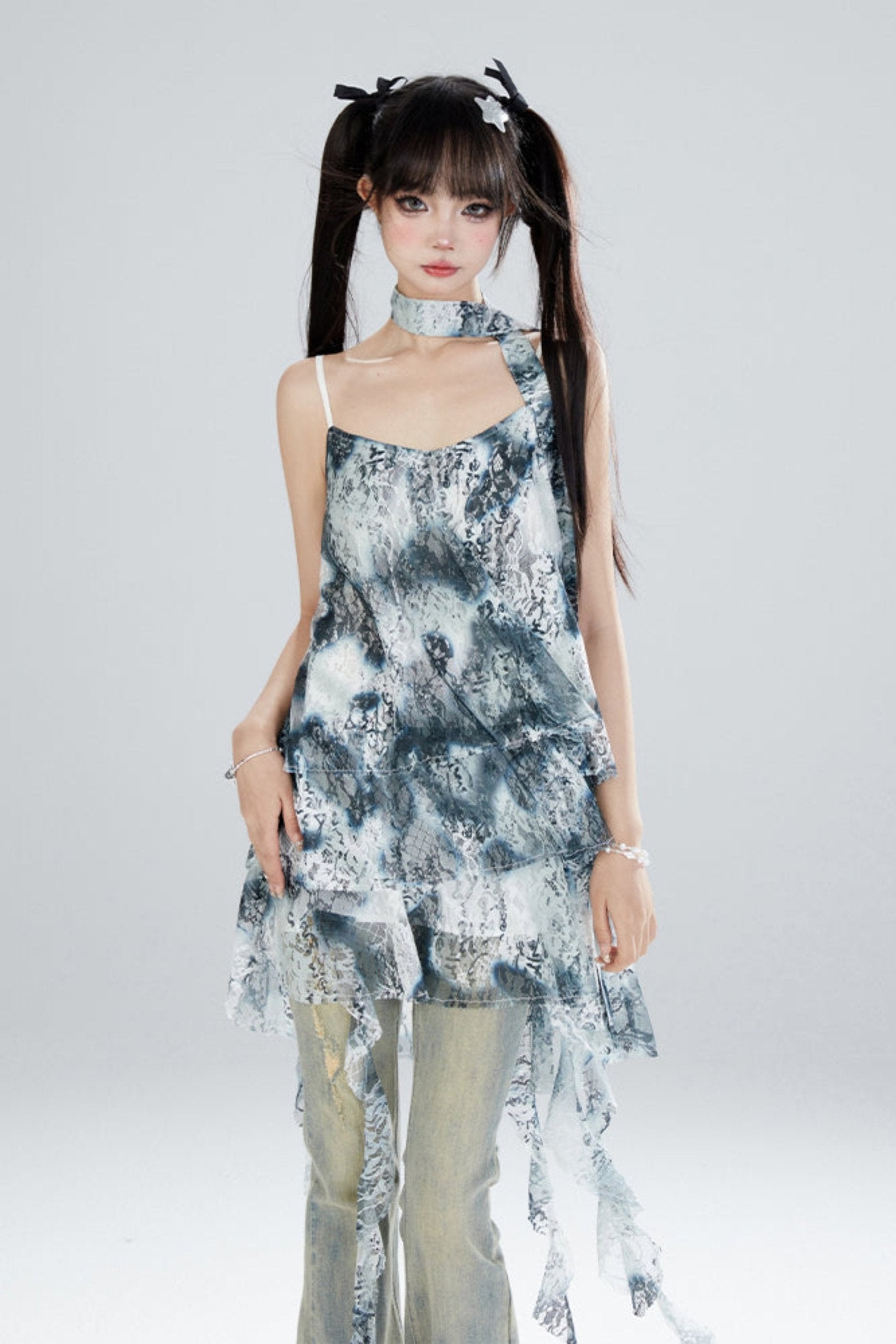 what is a princess line dress Blue Cotton Flex Tie Dye Designer A-Line Dress – Savi India main image 1