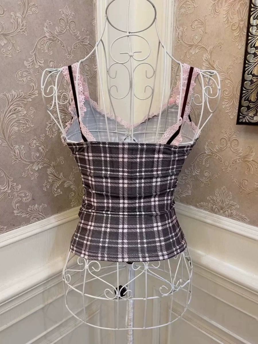 Lace-up design check camisole