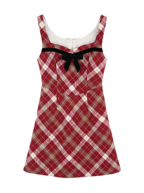 Retro French Red Plaid Suspender Dress + Ruffle Sleeve Blouse