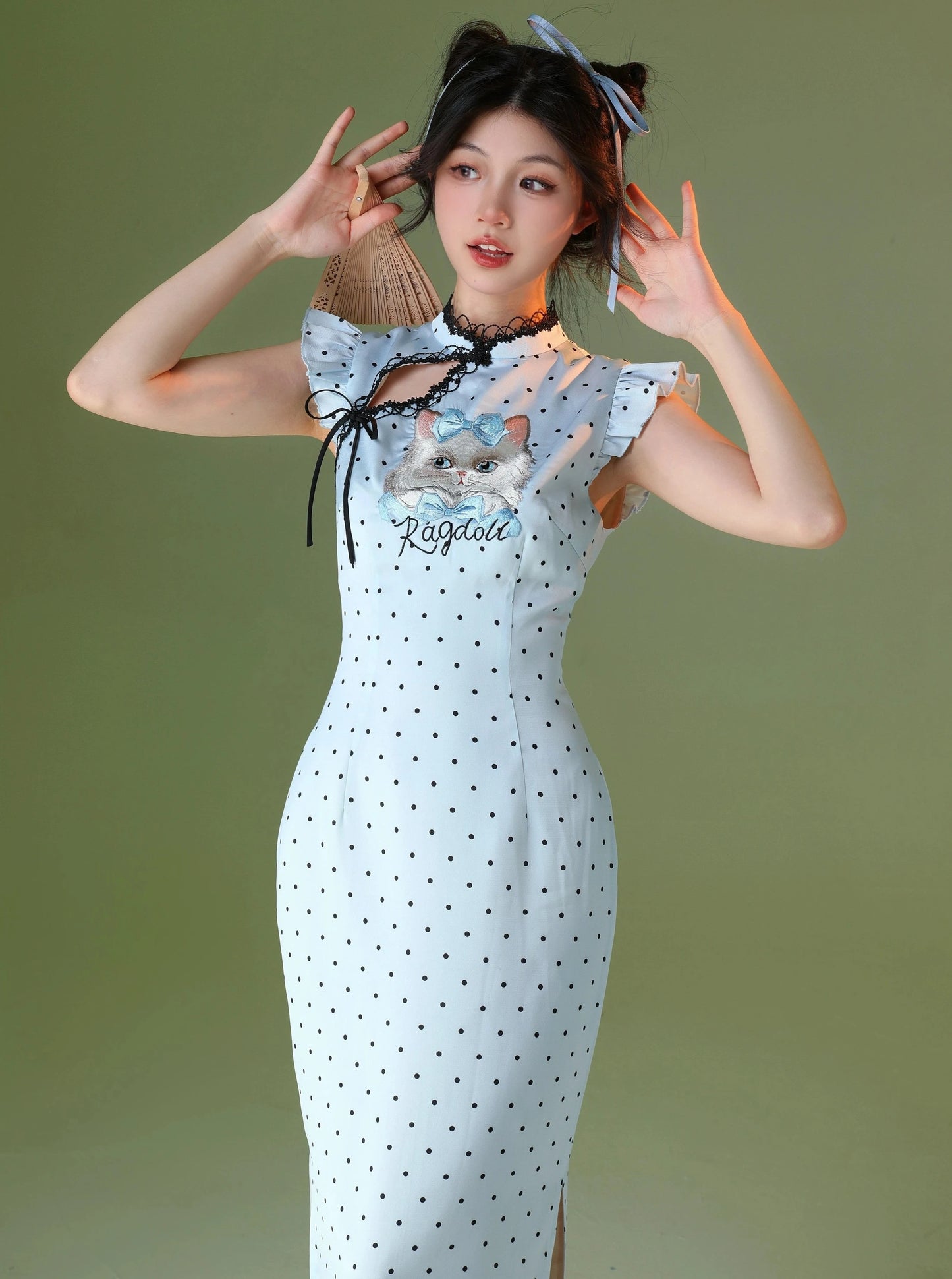 四斤自制圆点小猫对襟短袖原创刺绣可爱女孩改良新款中式旗袍长裙