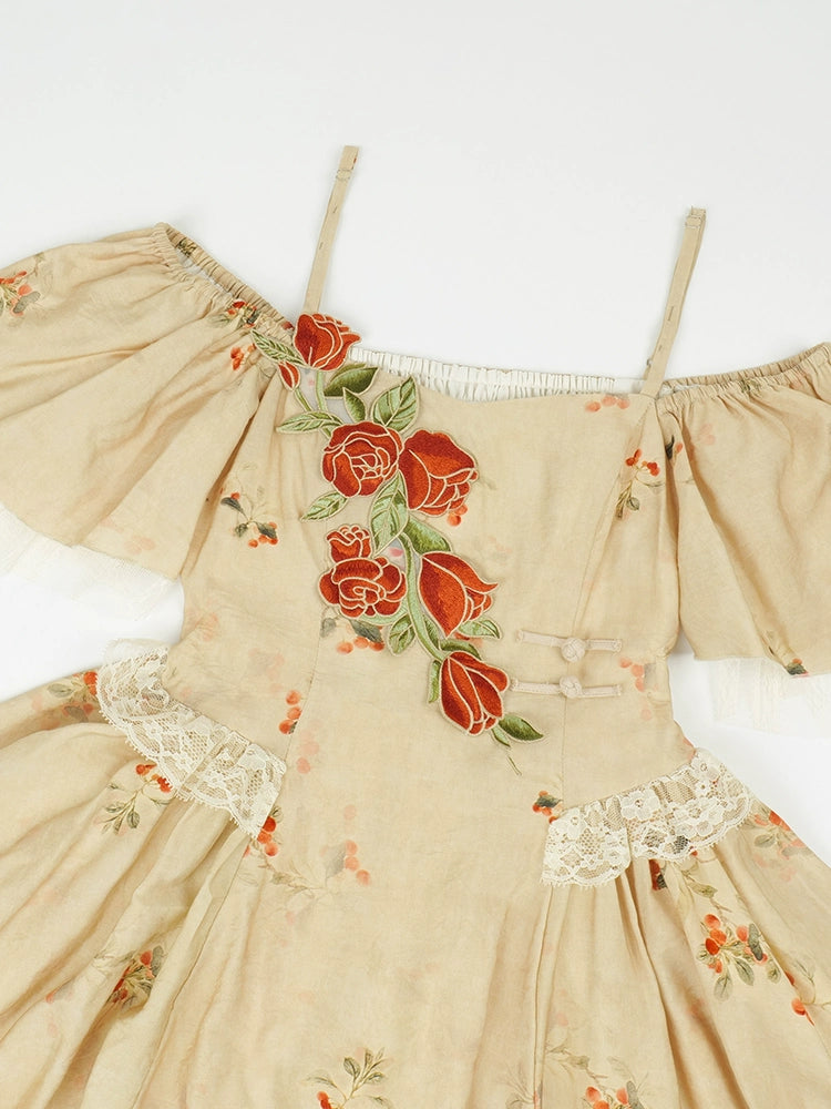 Elegant Rose Square Collar Off-the-shoulder Irregular Straps Dress