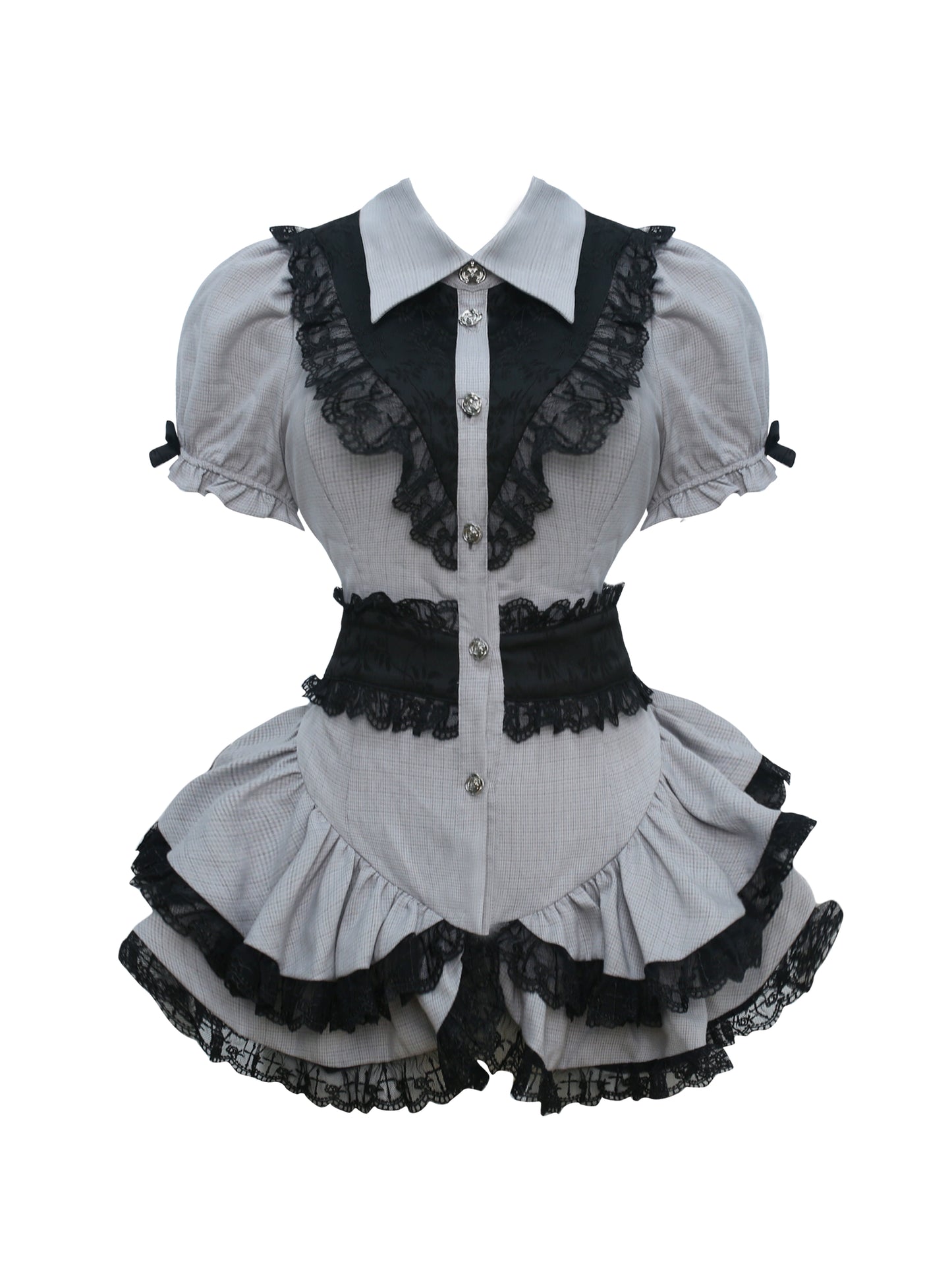 レースフリルトップス+ショートタイトスカート