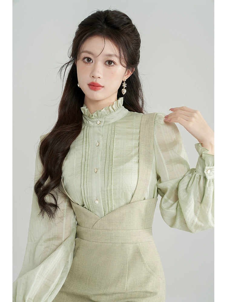 Green shirt + suspender skirt