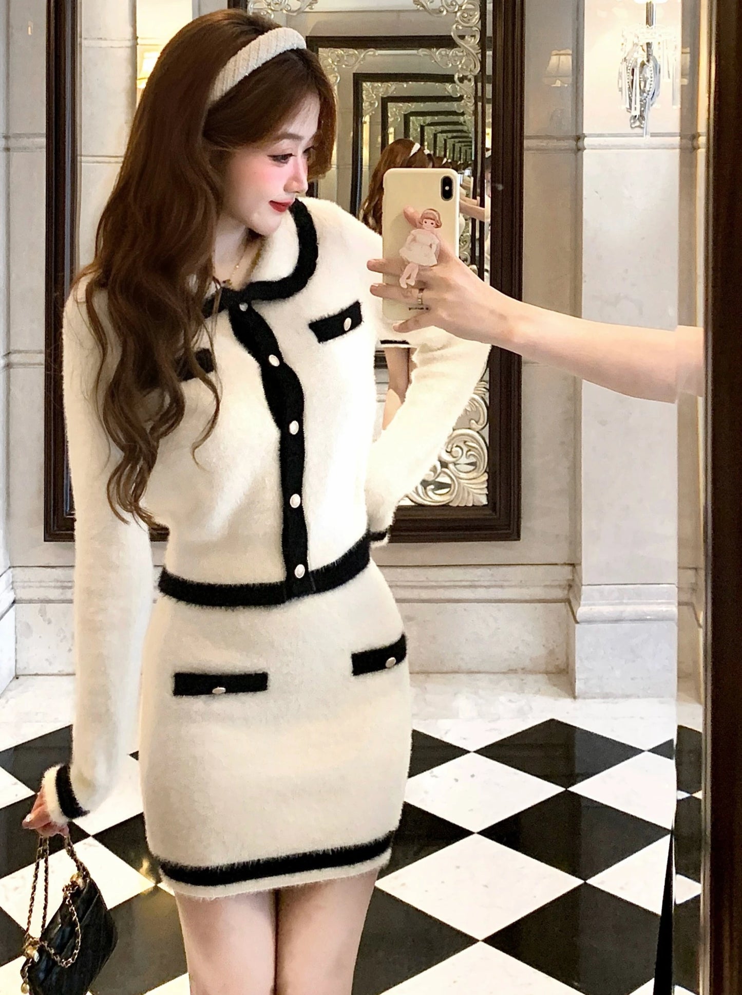 シックフレンチニットカーディガン+ニットタイトスカート