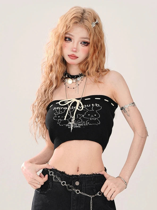 Off-Shoulder Back Lace-Up Ripped Knit Short Top + Tube Top