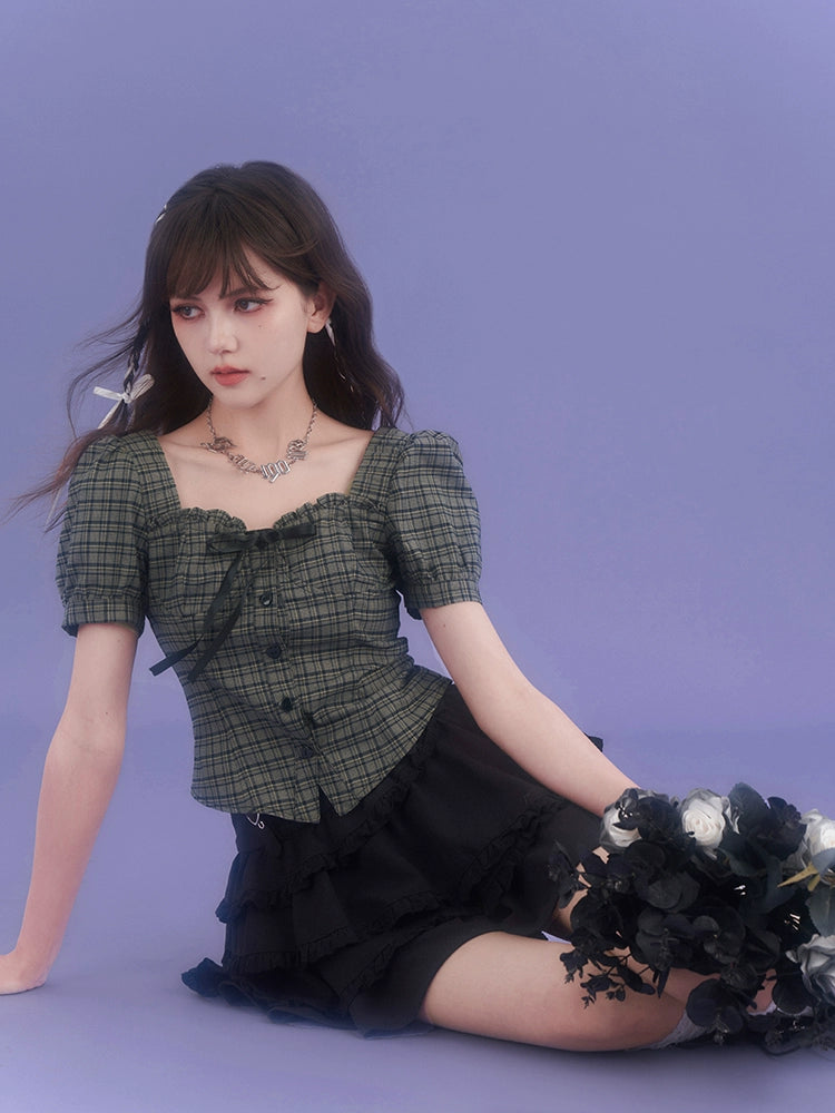 Check Square Neck Chic Girly Tops