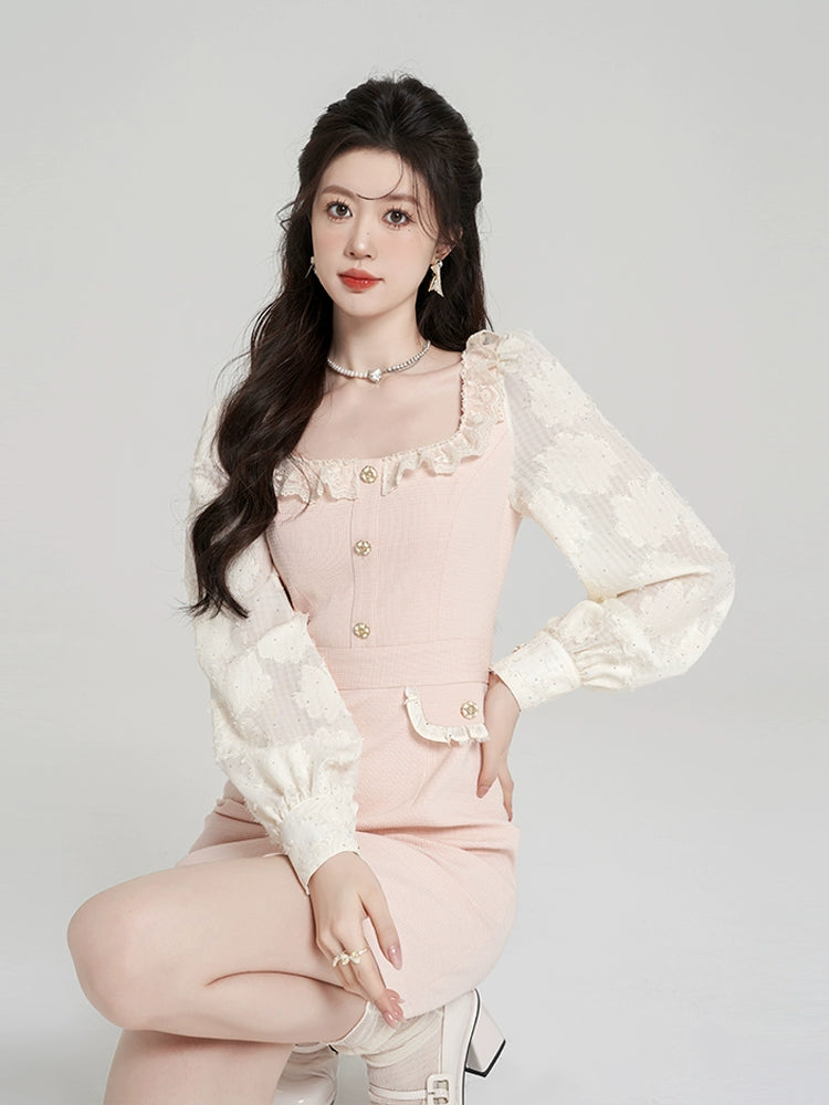 Faux robe deux pièces à encolure carrée rose