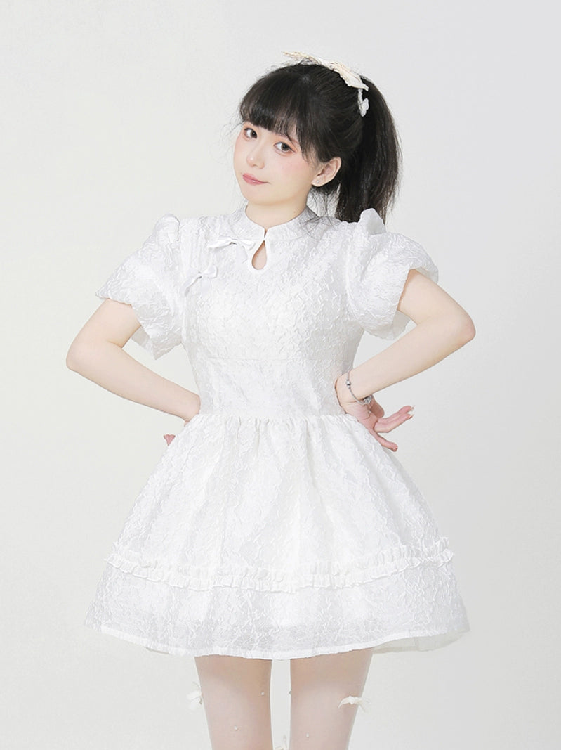Jacquard Puff Sleeve Chinese-Style Dress