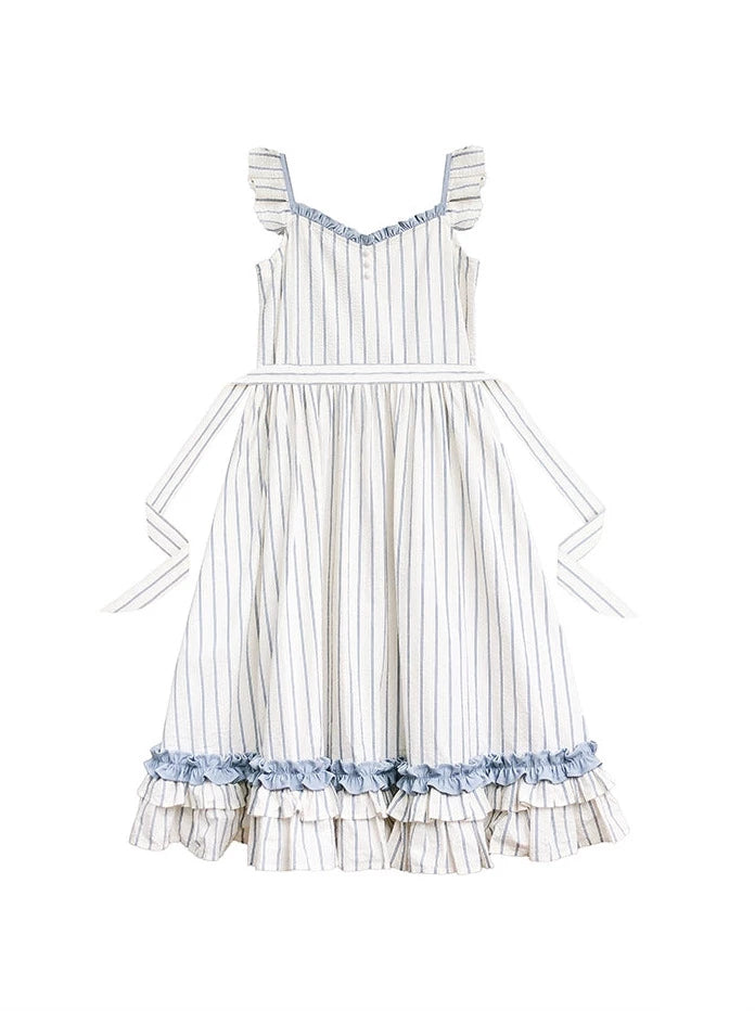 シアーレースパフスリーブインナーシャツ+フリルショルダーストライプフェアリードレス+ハンドメイドコサージュ