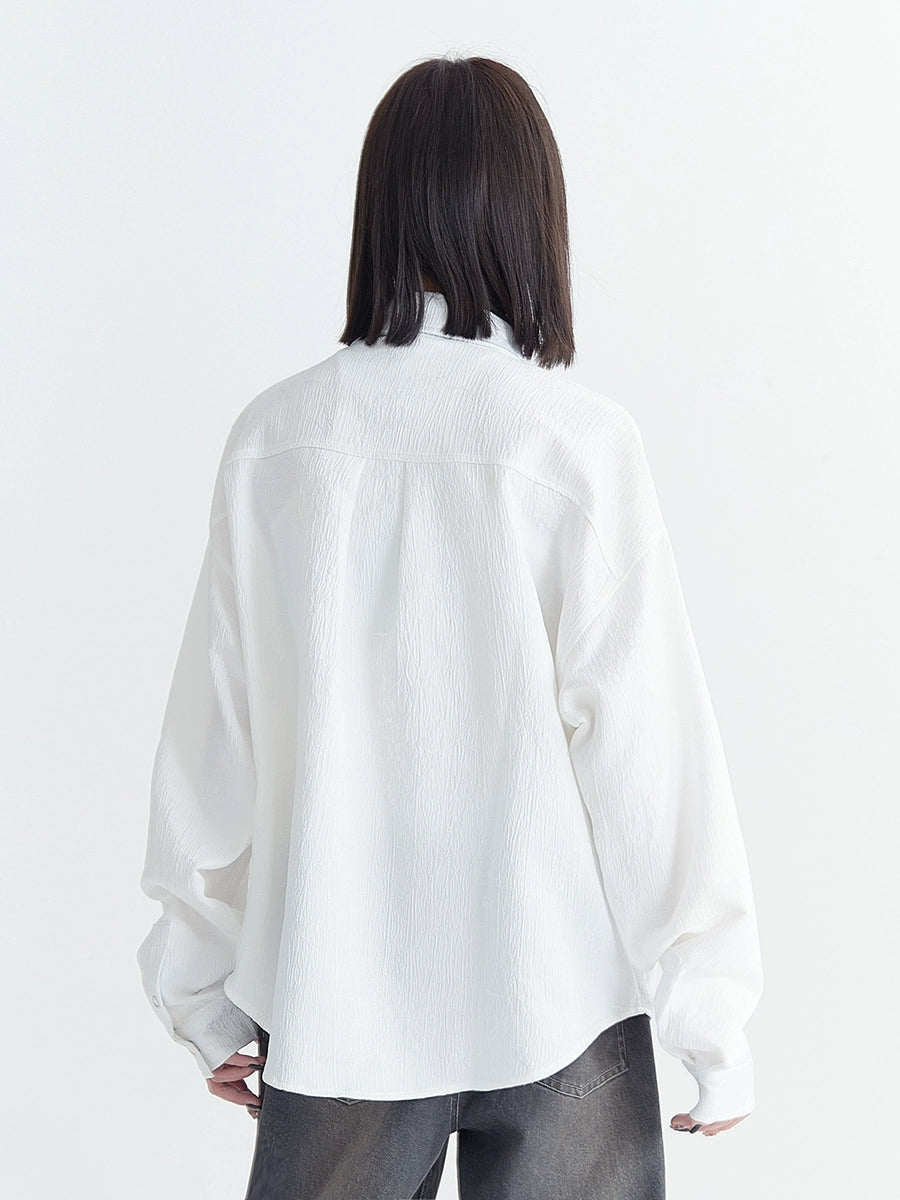 Pleated dark pattern loose solid collar shirt