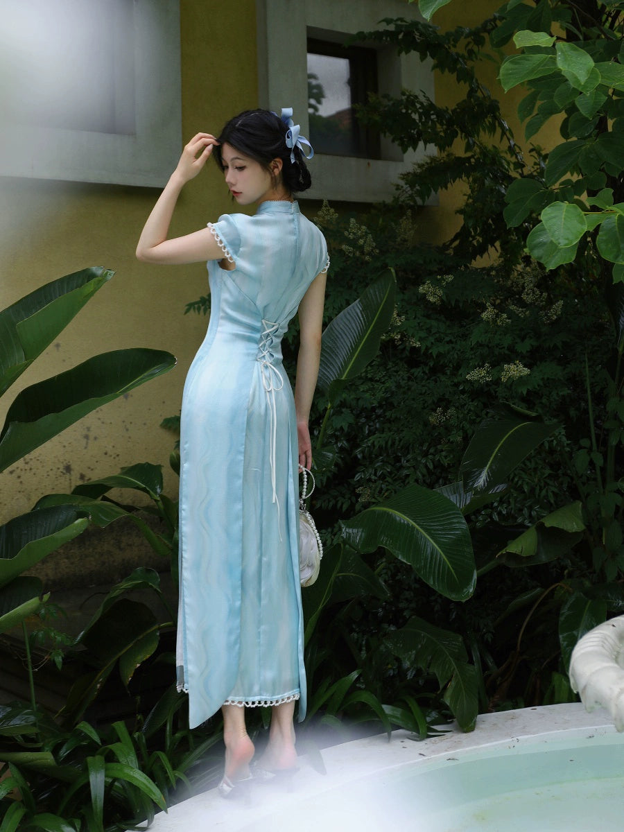 四斤自制许愿池,原创纹理印花,垂坠缎面,少女感十足,新中式改良长款夏日旗袍