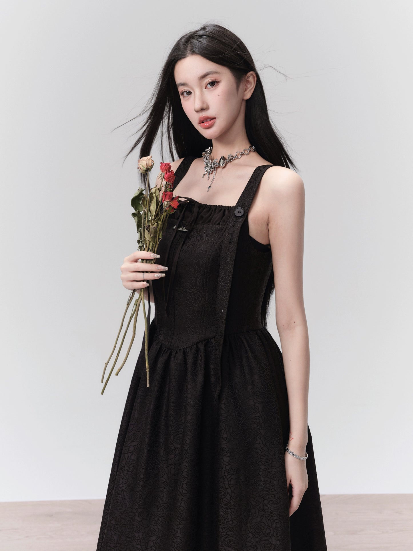 원타임 프렌치 자카드 플리츠 플리츠 서스펜더 원피스 + 오버 셔츠