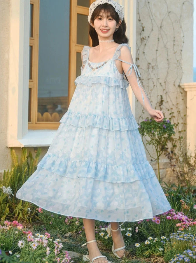 Blue Floral Lace Loose Fairy Dress