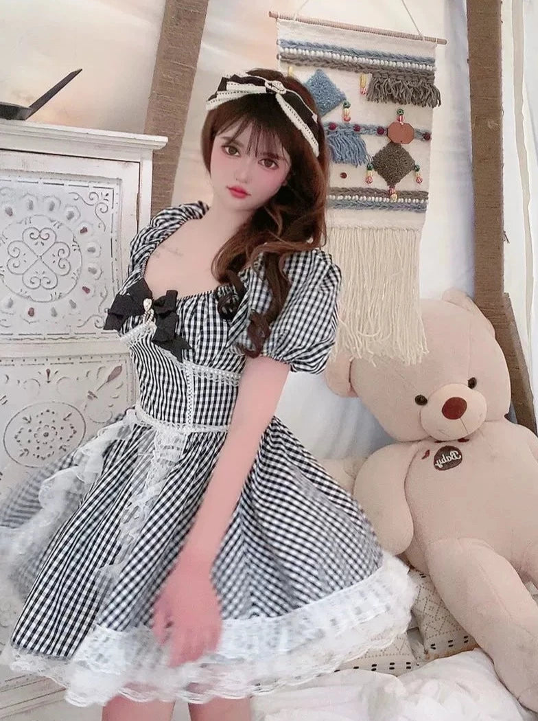 チェックリボンオープンネックワンピース