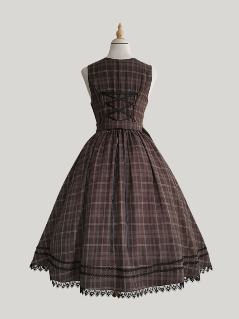 Forest Brown Check Belt V-Neck Dress