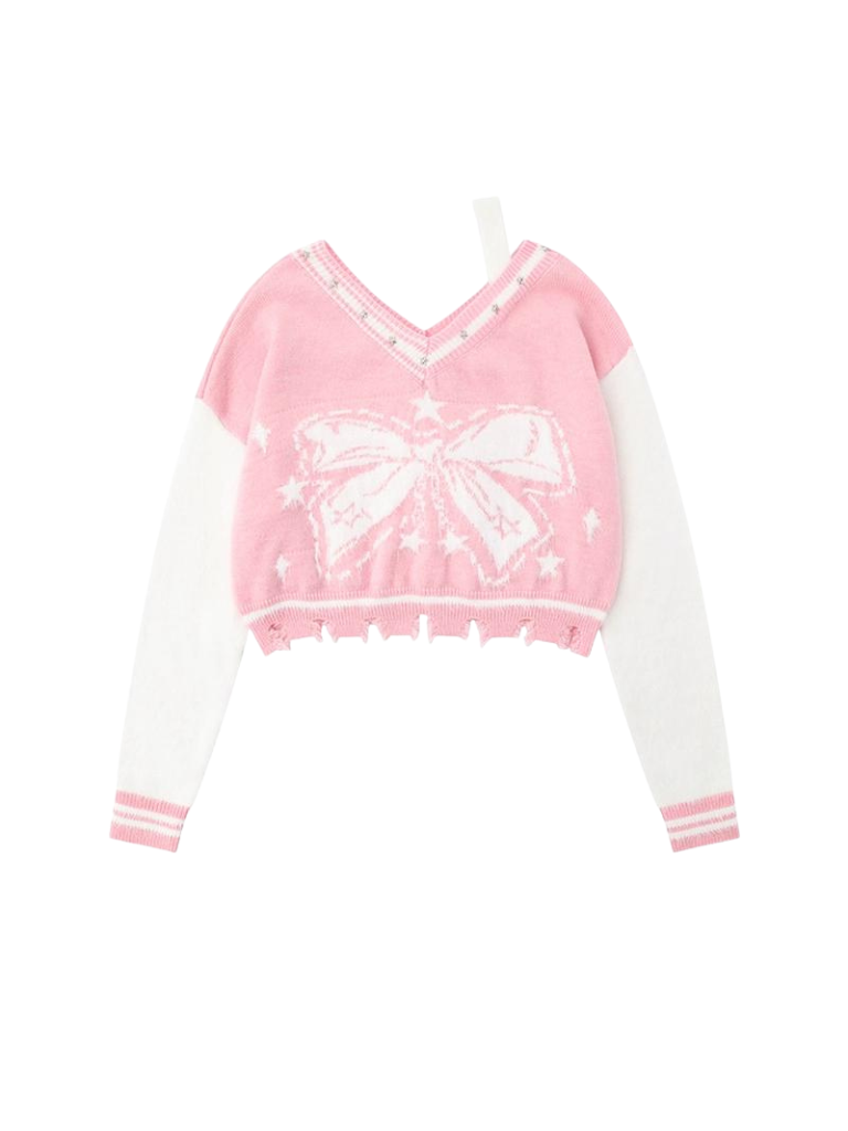 아메리칸 스타 리본 칼라 블록 V넥 쇼트 니트