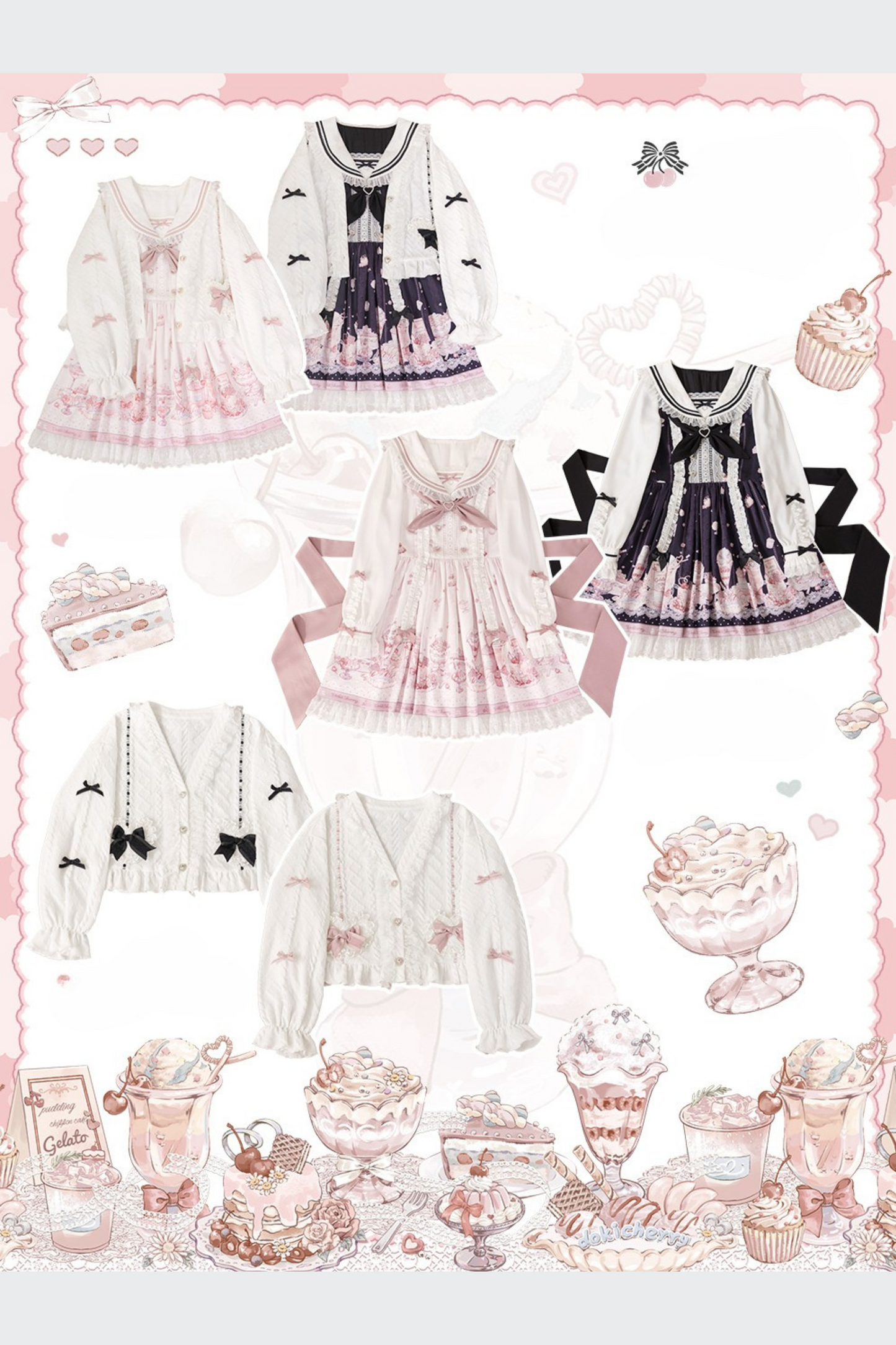 【数量限定】セーラーカラースイーツプリントドレス+Vネックフリルニットカーディガン