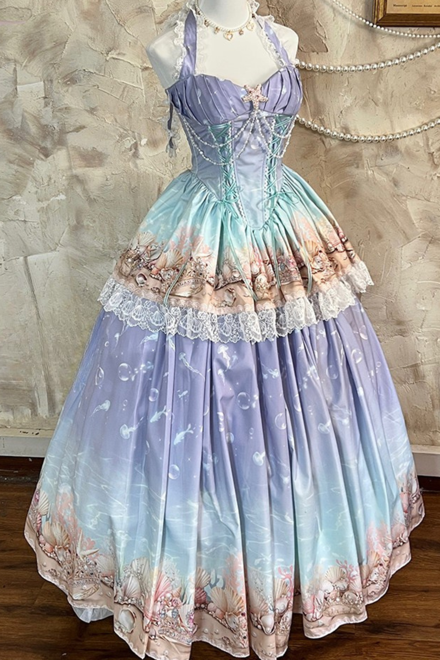 グラデーションバブルハルターネックフレンチドレス+スカート