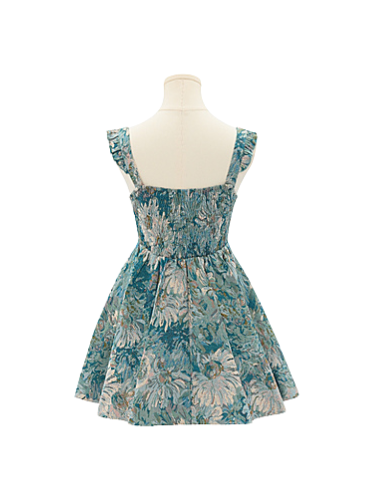 シフォンフリルボウタイシャツ+フォレストオイルペイントテイストサスペンダードレス