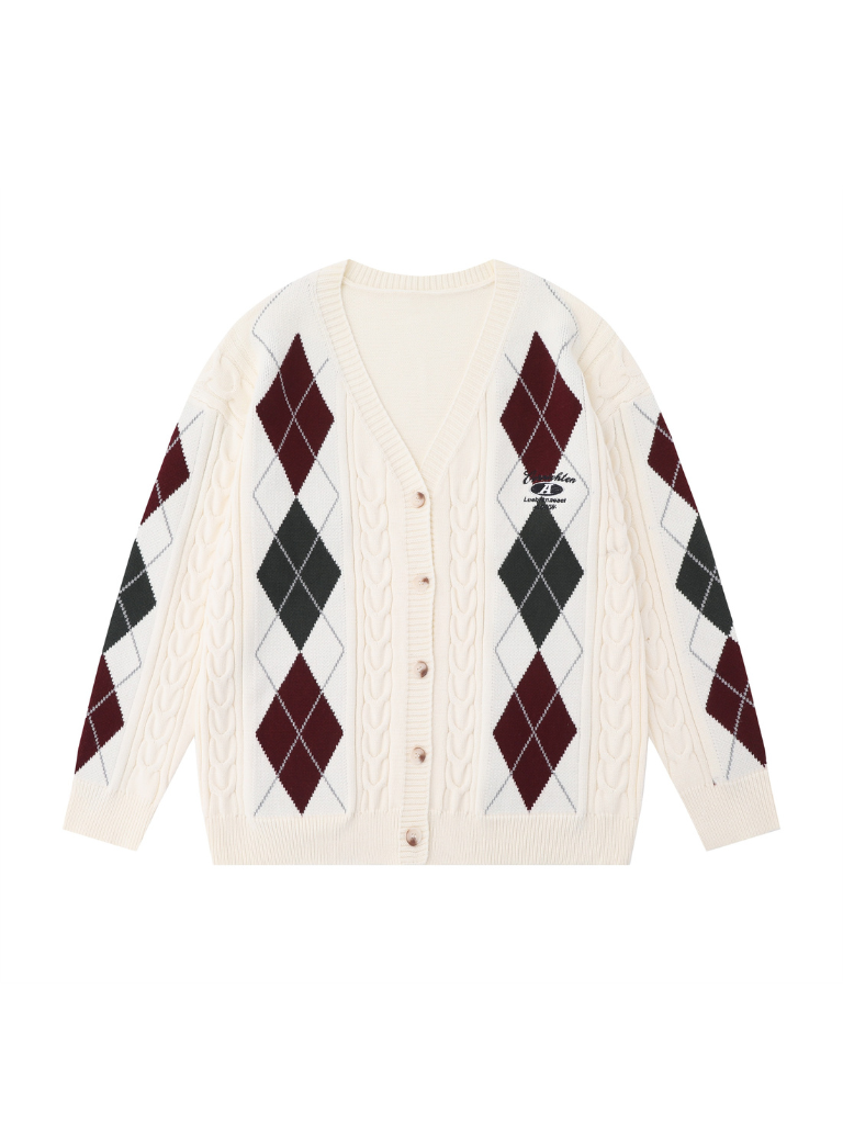 色块菱形格纹宽松情侣开衫针织衫