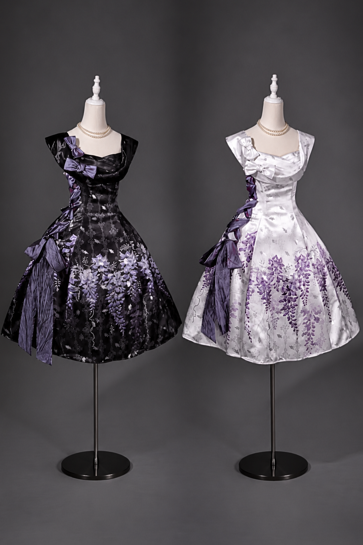 【10月4日予約締切】Black Purple/White Purple Floral Elegant Lolita Satin Side Ribbon Dress
