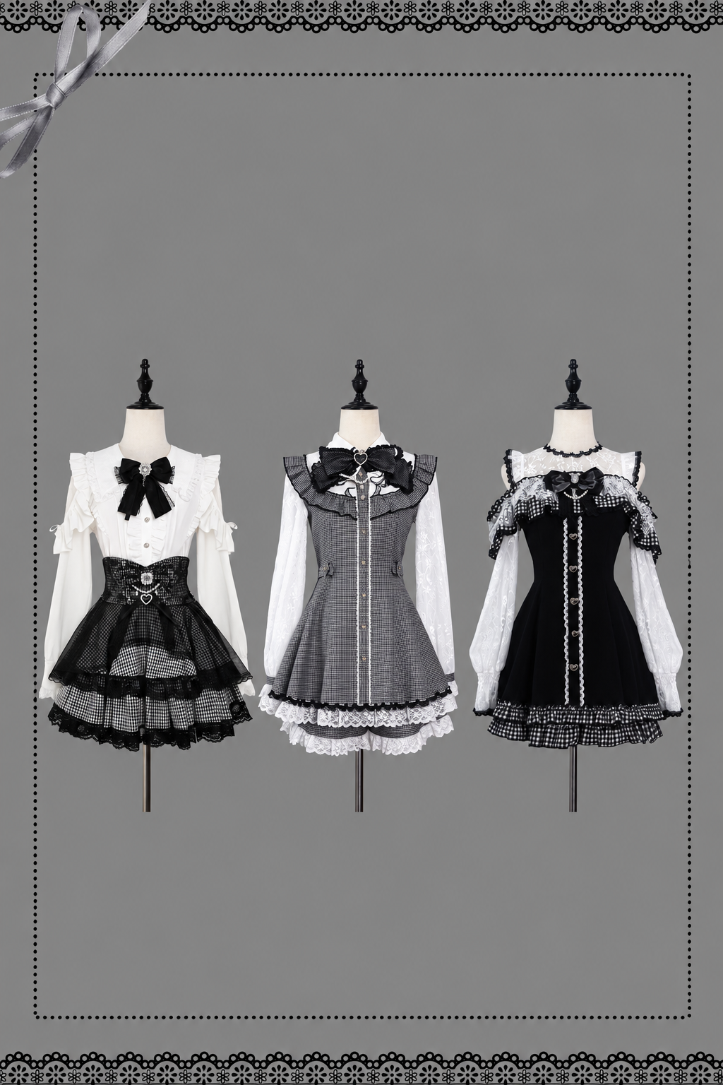 【11月15日予約締切】White Ruffle Trim Lace Sleeve Blouse+Black White Pearl Bow Tiered Houndstooth Skirt+Rhinestone Lace Ribbon Brooch