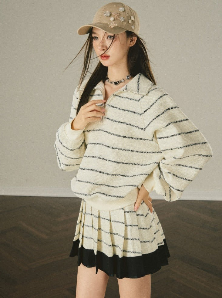 보더 집업 탑 + 플리츠 스커트