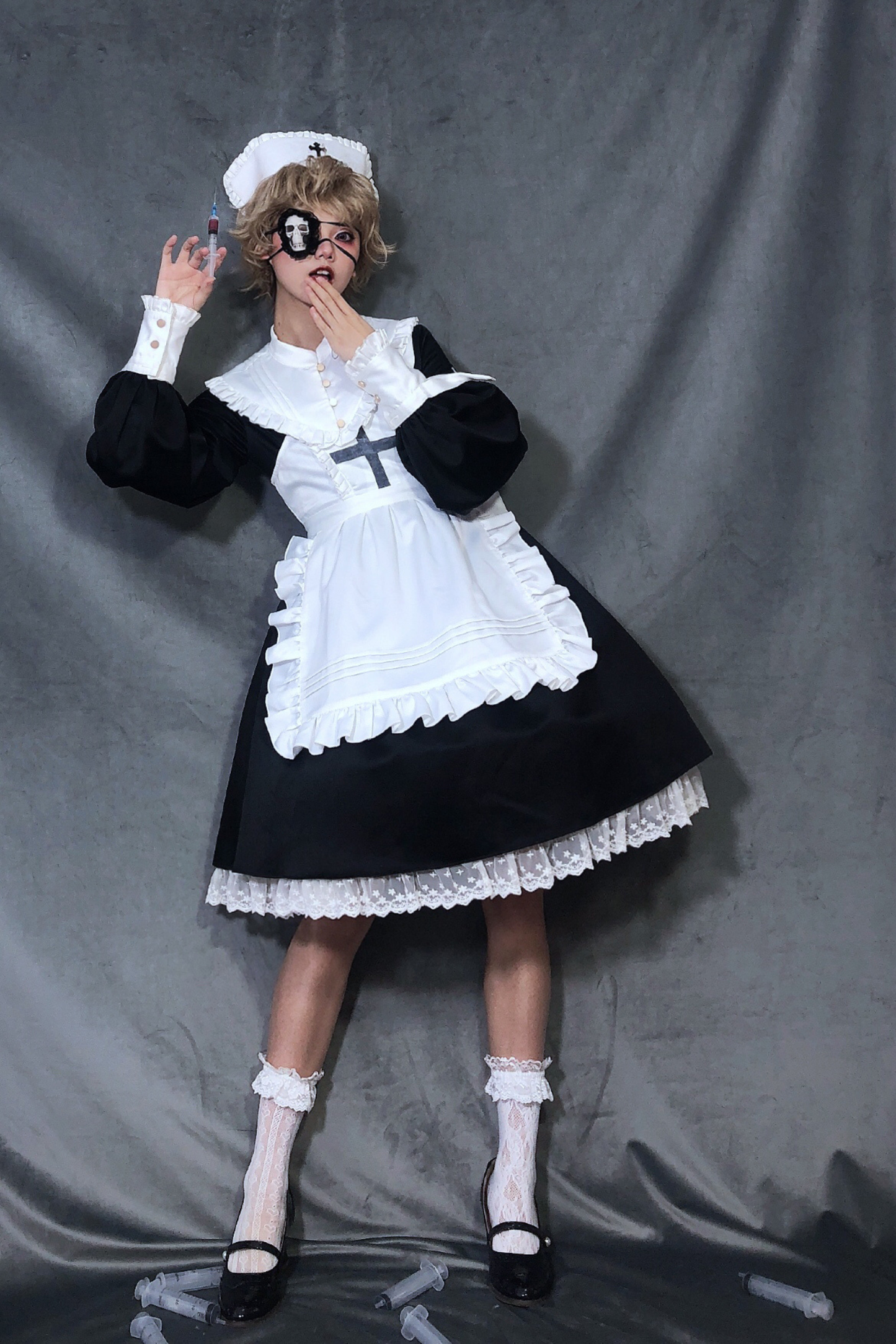 ランタンエンジェルメイドロリータドレス+エプロン+つけ襟