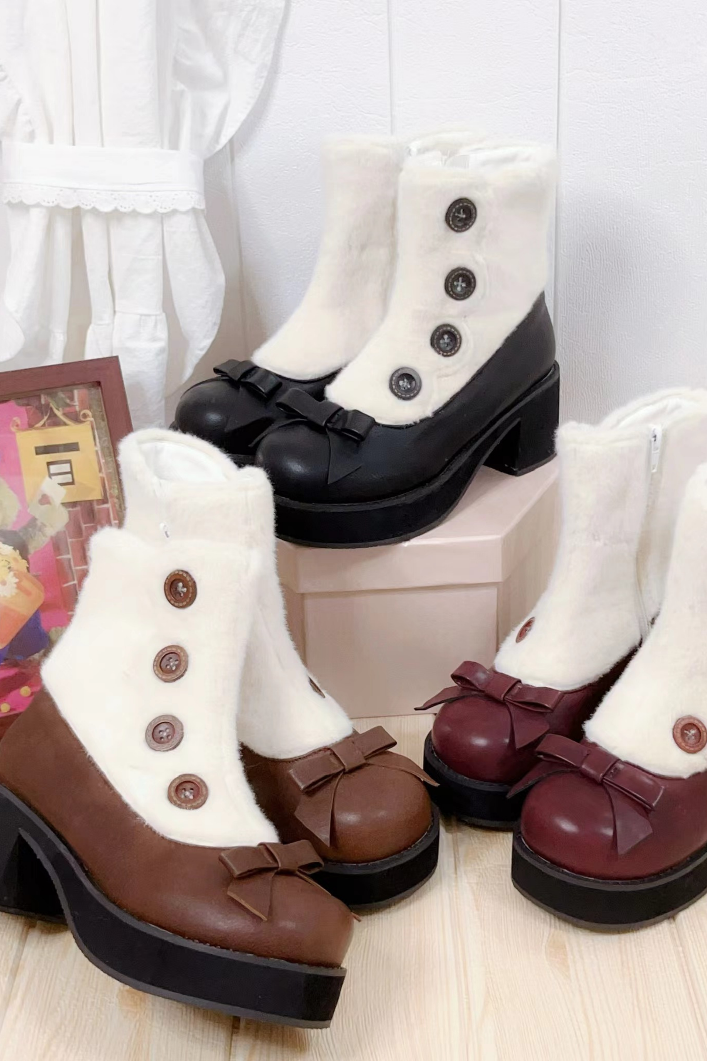 Retro Button Fur Sock Cover Faux Design Boots