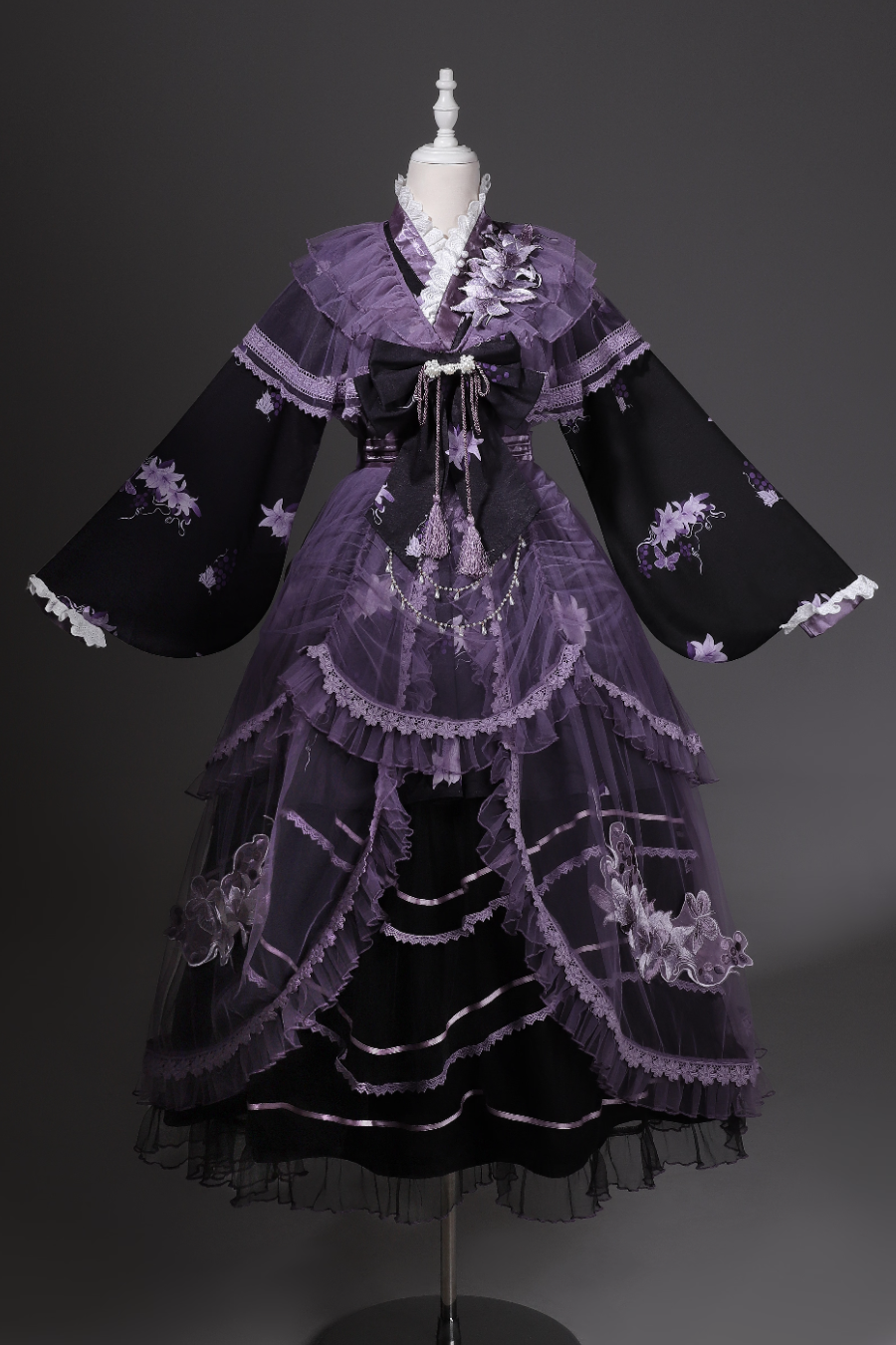 チャイナパープルフローラルドレス+アウタードレス+ロングスカート
