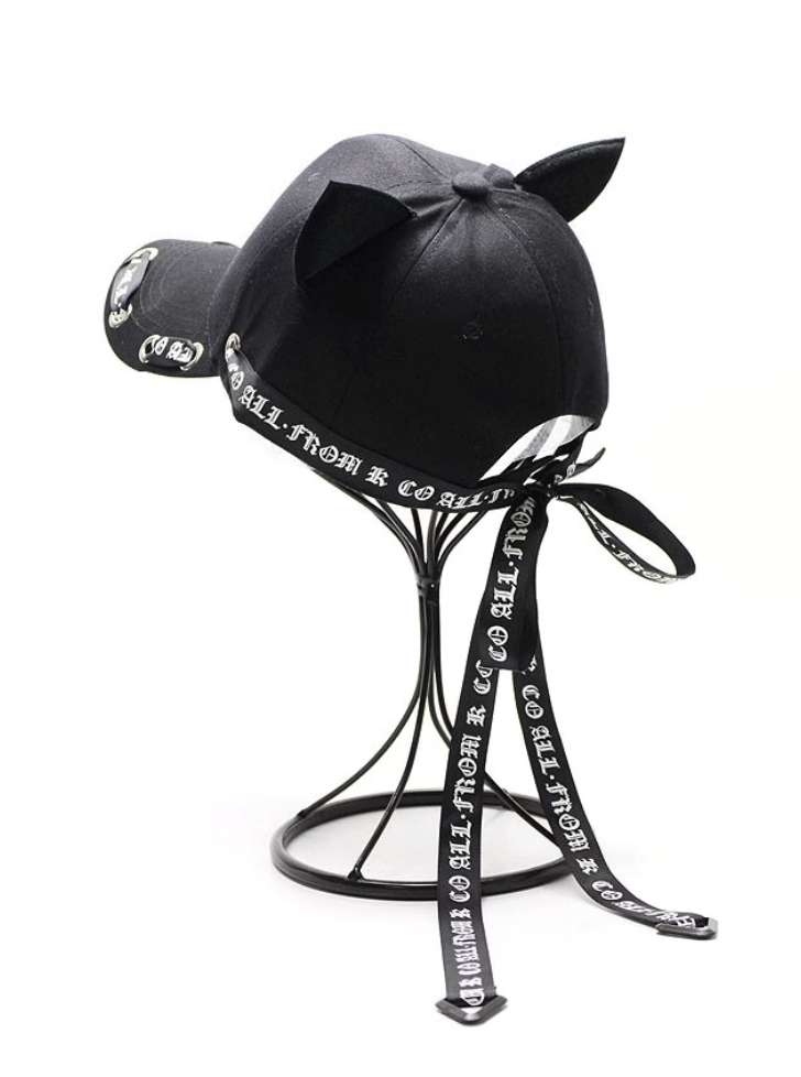 Cat ear long logo ribbon strap cap