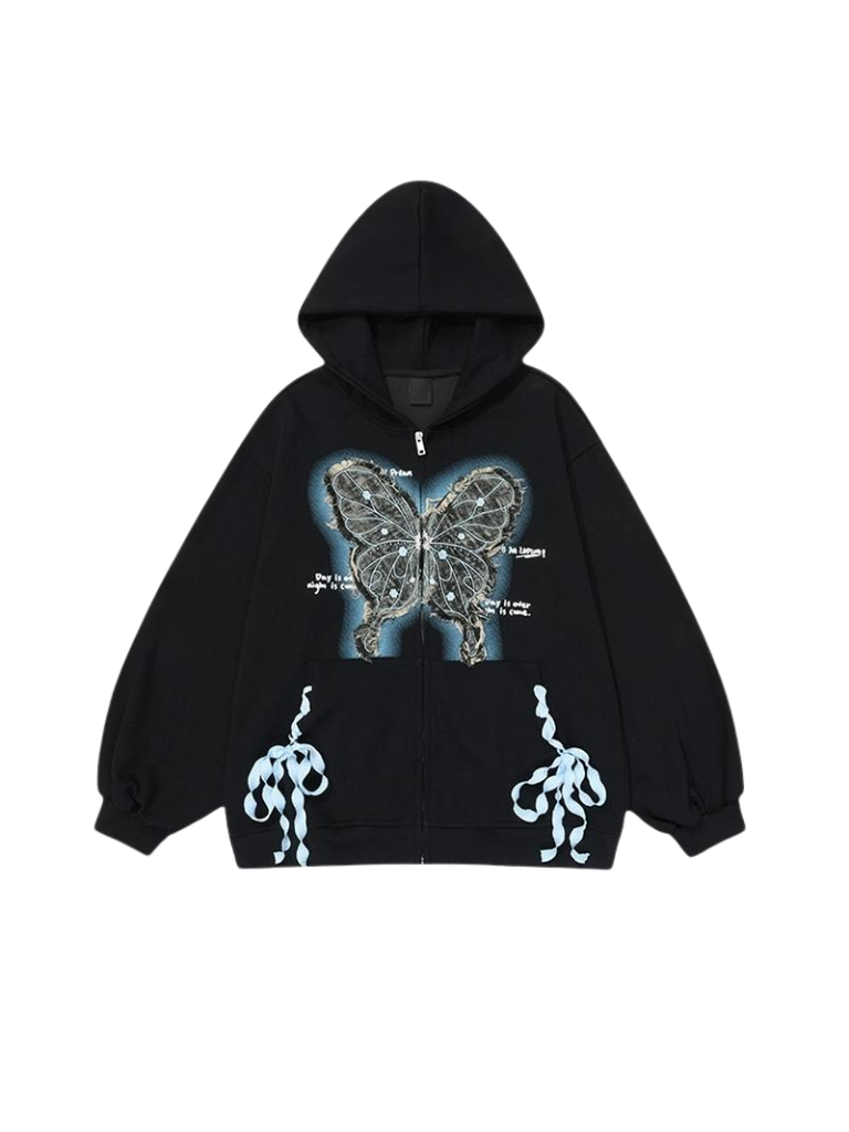 Butterfly Ribbon Hooded Sweatshirt Loose Jacket