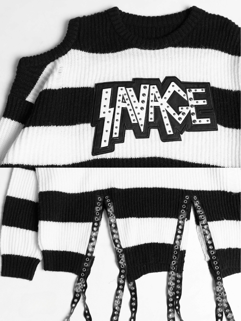 オフショルダーパンクワイドストライプセータートップス