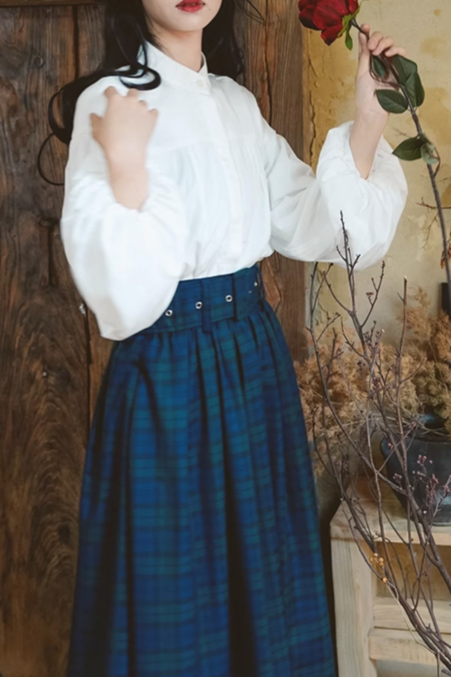 レトロチェックウエストベルトデザインロングスカート