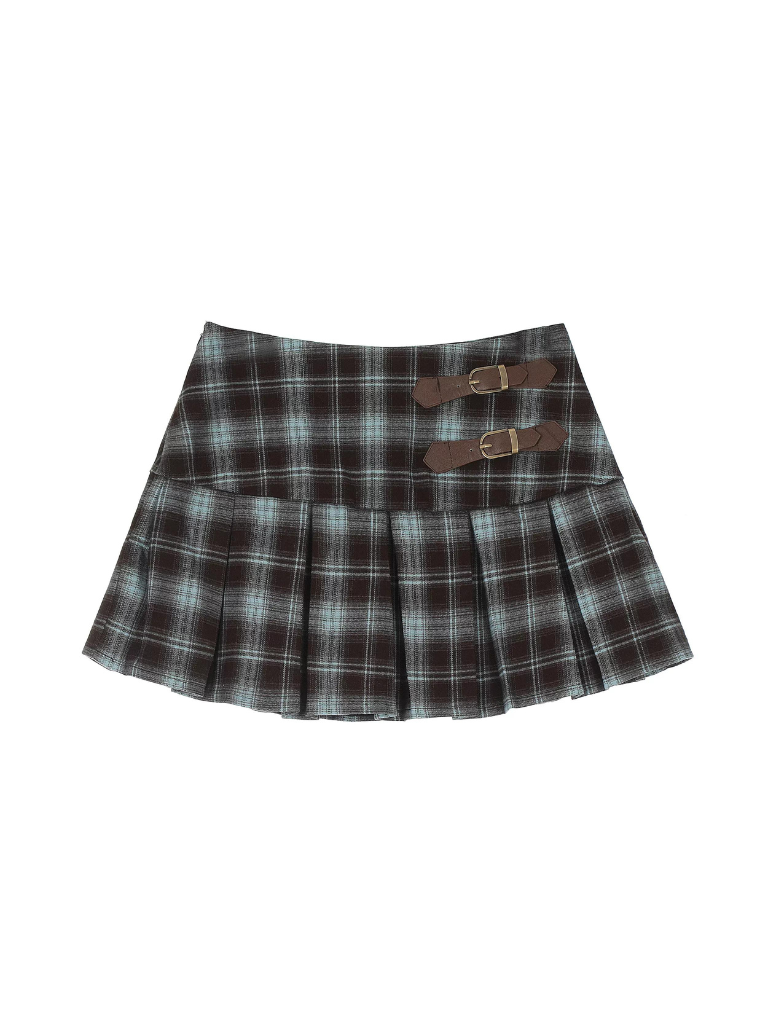 Dark Punk Leather Buckle Check Pleated Skirt