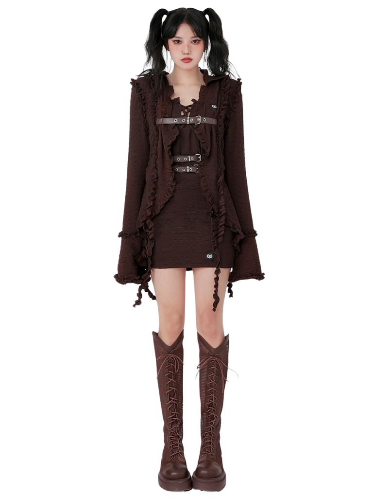 Multi-Lace Design Trumpet Sleeveless Belt Jacket