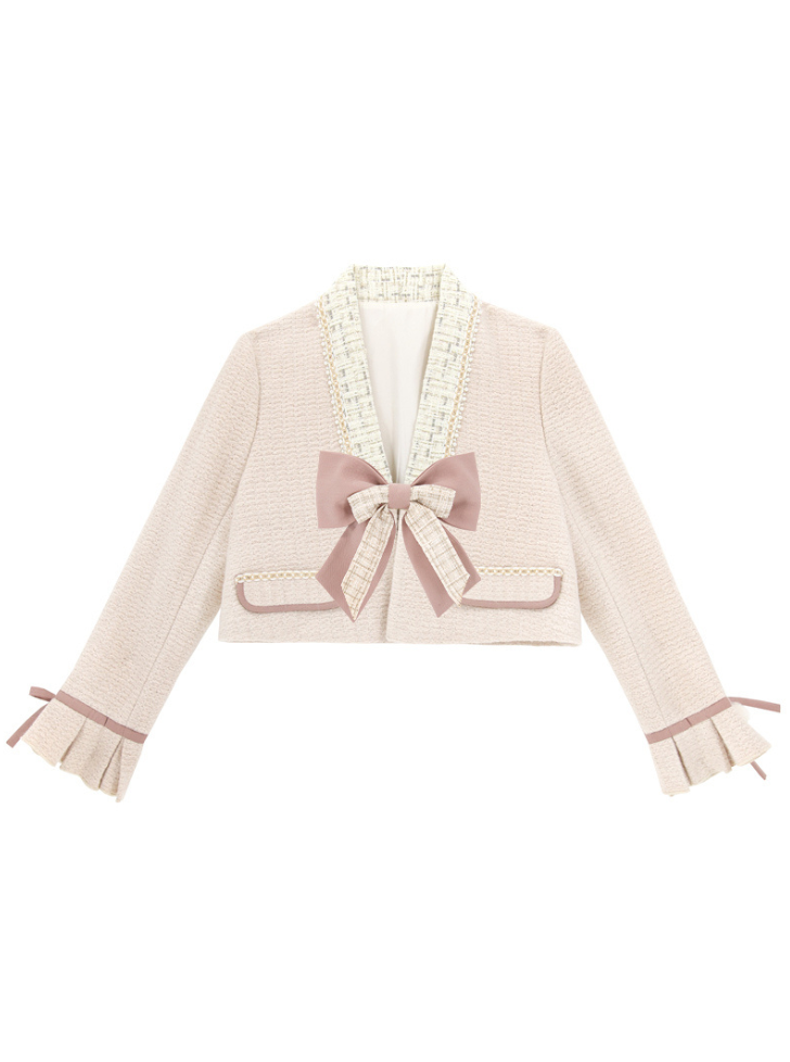 フリルブラウス+タイトスカート+ツイードリボンジャケット